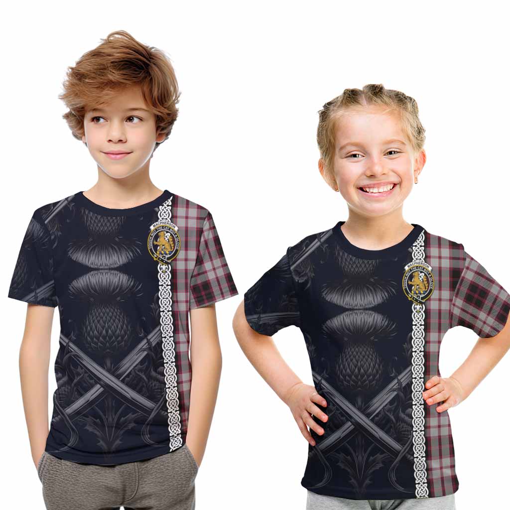 Tartan Vibes Clothing MacPherson (McPherson) Tartan Kid T-Shirt with Family Crest Cross Sword Thistle Celtic Vibes