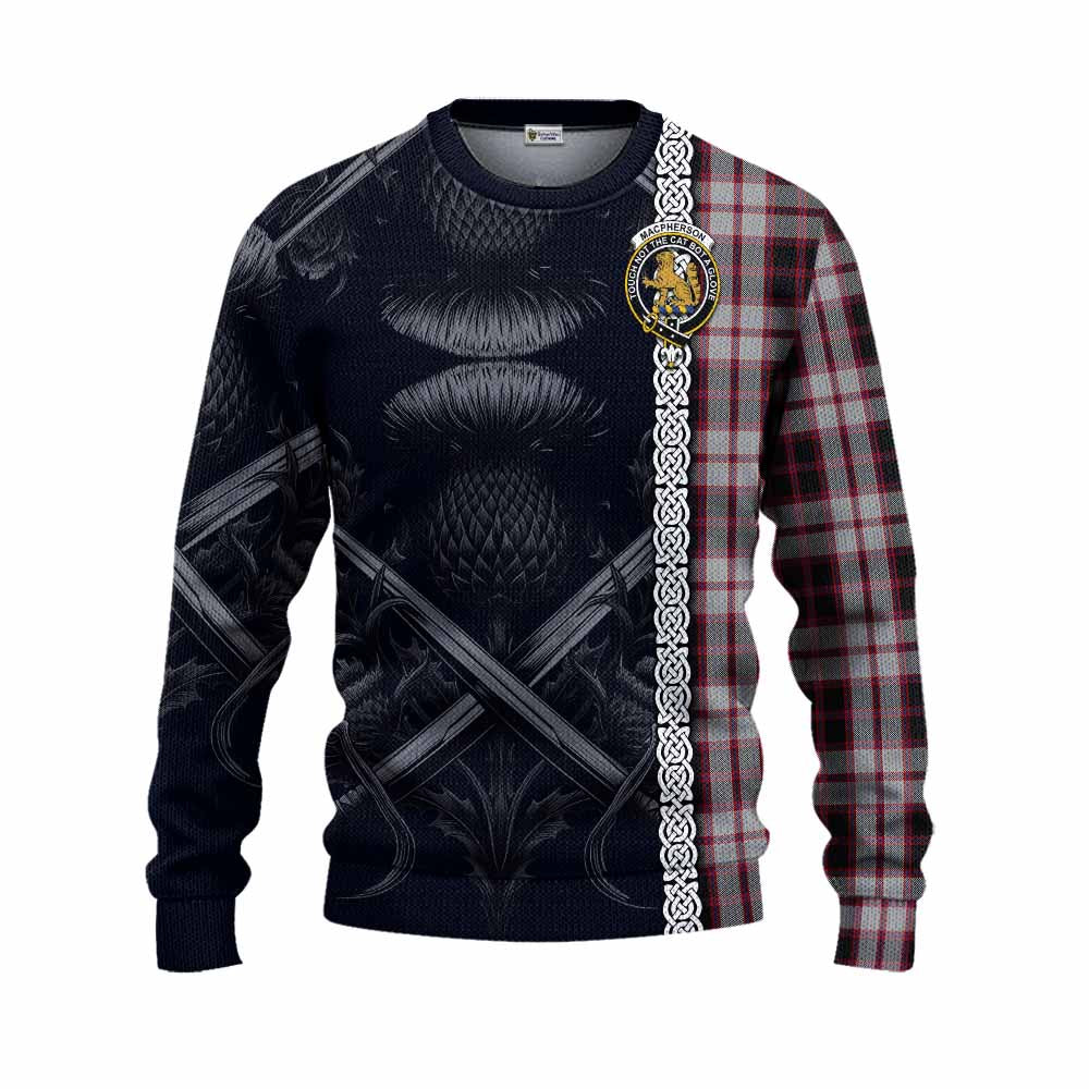 Tartan Vibes Clothing MacPherson (McPherson) Tartan Knitted Sweater with Family Crest Cross Sword Thistle Celtic Vibes