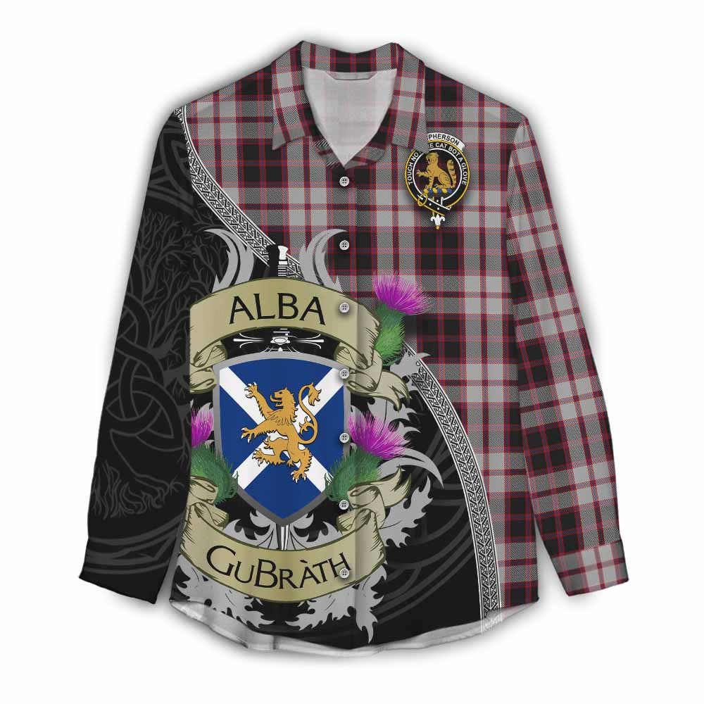 Tartan Vibes Clothing MacPherson (McPherson) Tartan Family Crest Women's Casual Shirt Lion Rampant Royal Thistle Shield Celtic Inspired