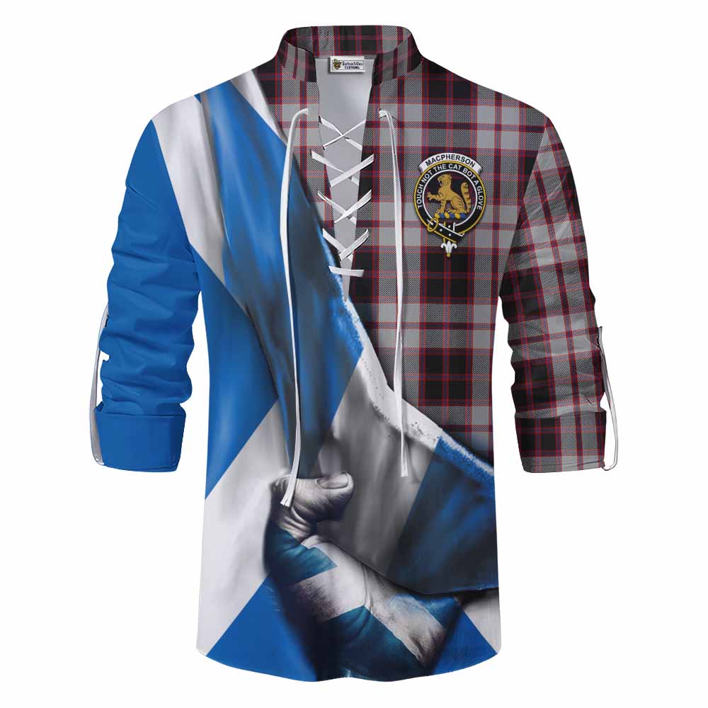Tartan Vibes Clothing MacPherson (McPherson) Tartan Ghillie Kilt Shirt with Family Crest Scotland Patriotic Style