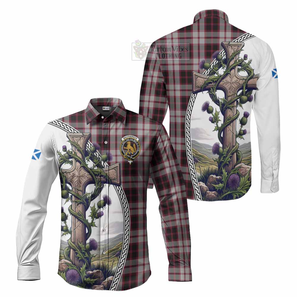Tartan Vibes Clothing MacPherson (McPherson) Tartan Long Sleeve Button Shirt with Family Crest and St. Andrew's Cross Accented by Thistle Vines