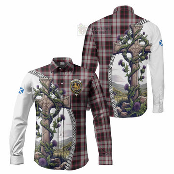 MacPherson (McPherson) Tartan Long Sleeve Button Shirt with Family Crest and St. Andrew's Cross Accented by Thistle Vines