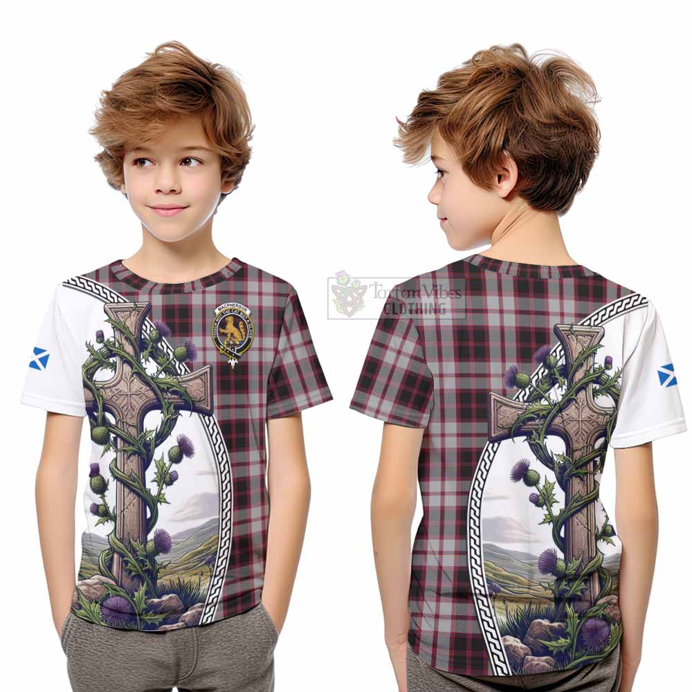 Tartan Vibes Clothing MacPherson (McPherson) Tartan Kid T-Shirt with Family Crest and St. Andrew's Cross Accented by Thistle Vines