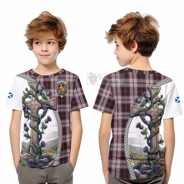 Tartan Vibes Clothing MacPherson (McPherson) Tartan Kid T-Shirt with Family Crest and St. Andrew's Cross Accented by Thistle Vines