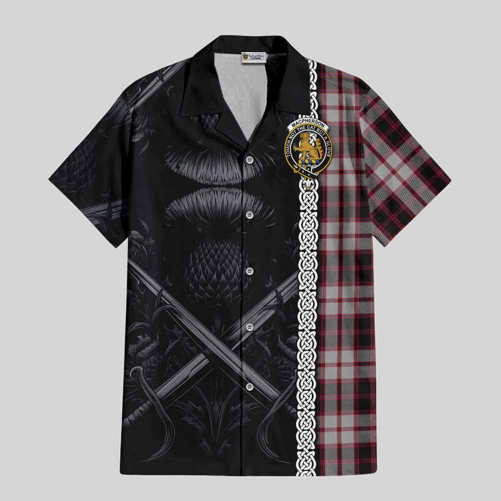 Tartan Vibes Clothing MacPherson (McPherson) Tartan Short Sleeve Button Shirt with Family Crest Cross Sword Thistle Celtic Vibes