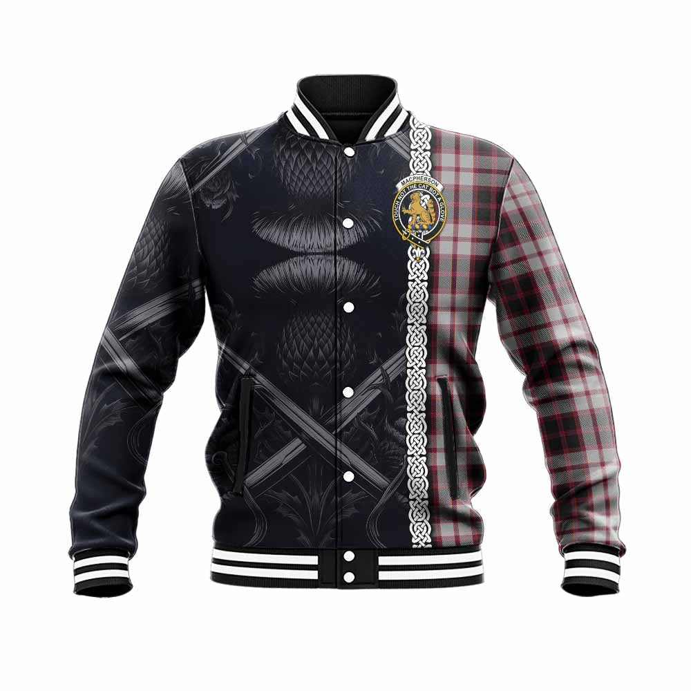 Tartan Vibes Clothing MacPherson (McPherson) Tartan Baseball Jacket with Family Crest Cross Sword Thistle Celtic Vibes