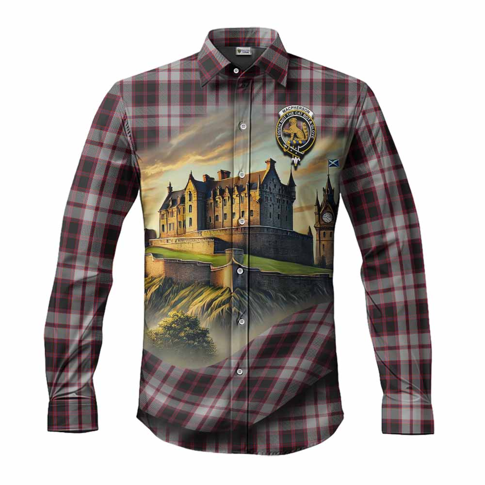 Tartan Vibes Clothing MacPherson (McPherson) Tartan Family Crest Long Sleeve Button Shirt with Scottish Ancient Castle Style