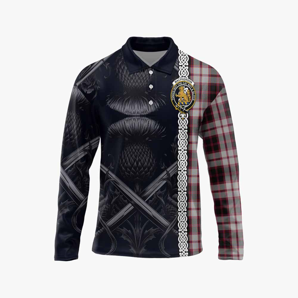 Tartan Vibes Clothing MacPherson (McPherson) Tartan Long Sleeve Polo Shirt with Family Crest Cross Sword Thistle Celtic Vibes