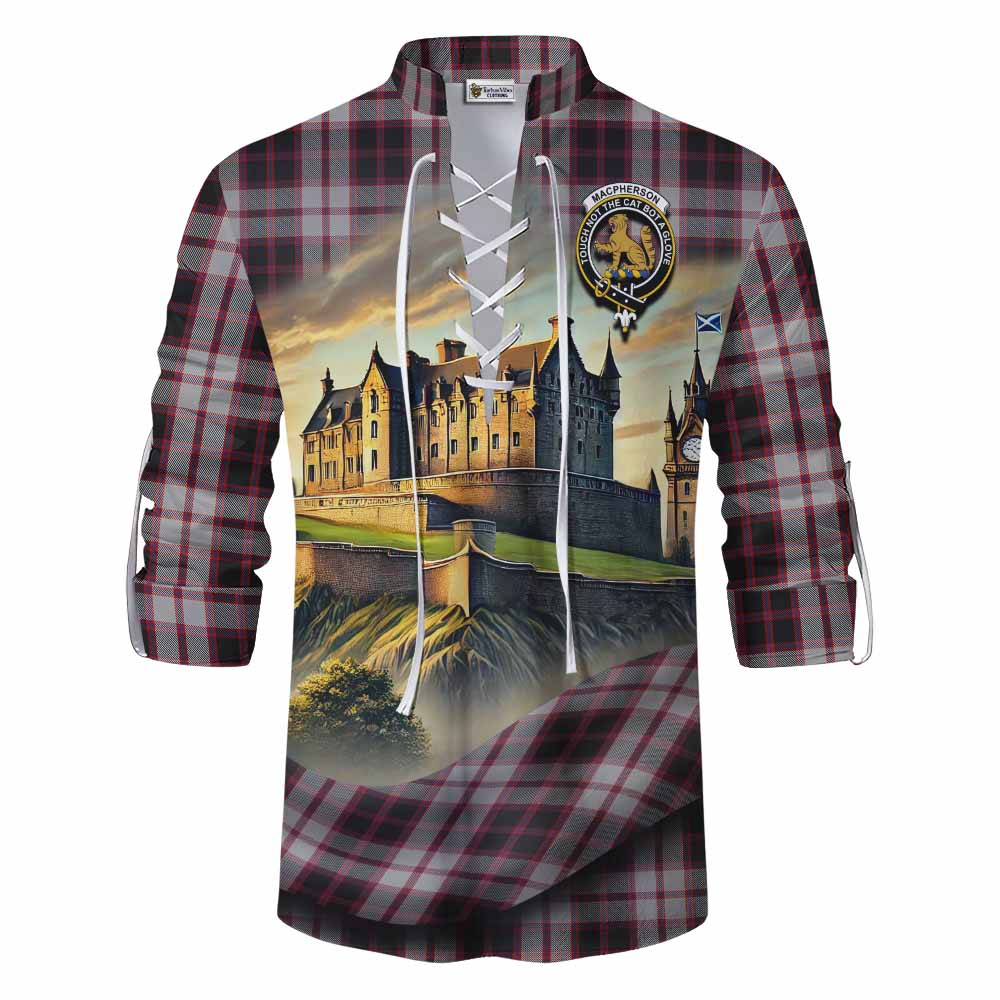 Tartan Vibes Clothing MacPherson (McPherson) Tartan Family Crest Ghillie Kilt Shirt with Scottish Ancient Castle Style