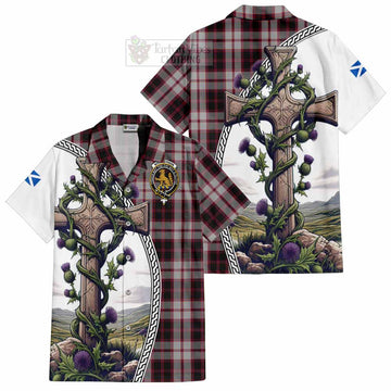 MacPherson (McPherson) Tartan Hawaiian Shirt with Family Crest and St. Andrew's Cross Accented by Thistle Vines