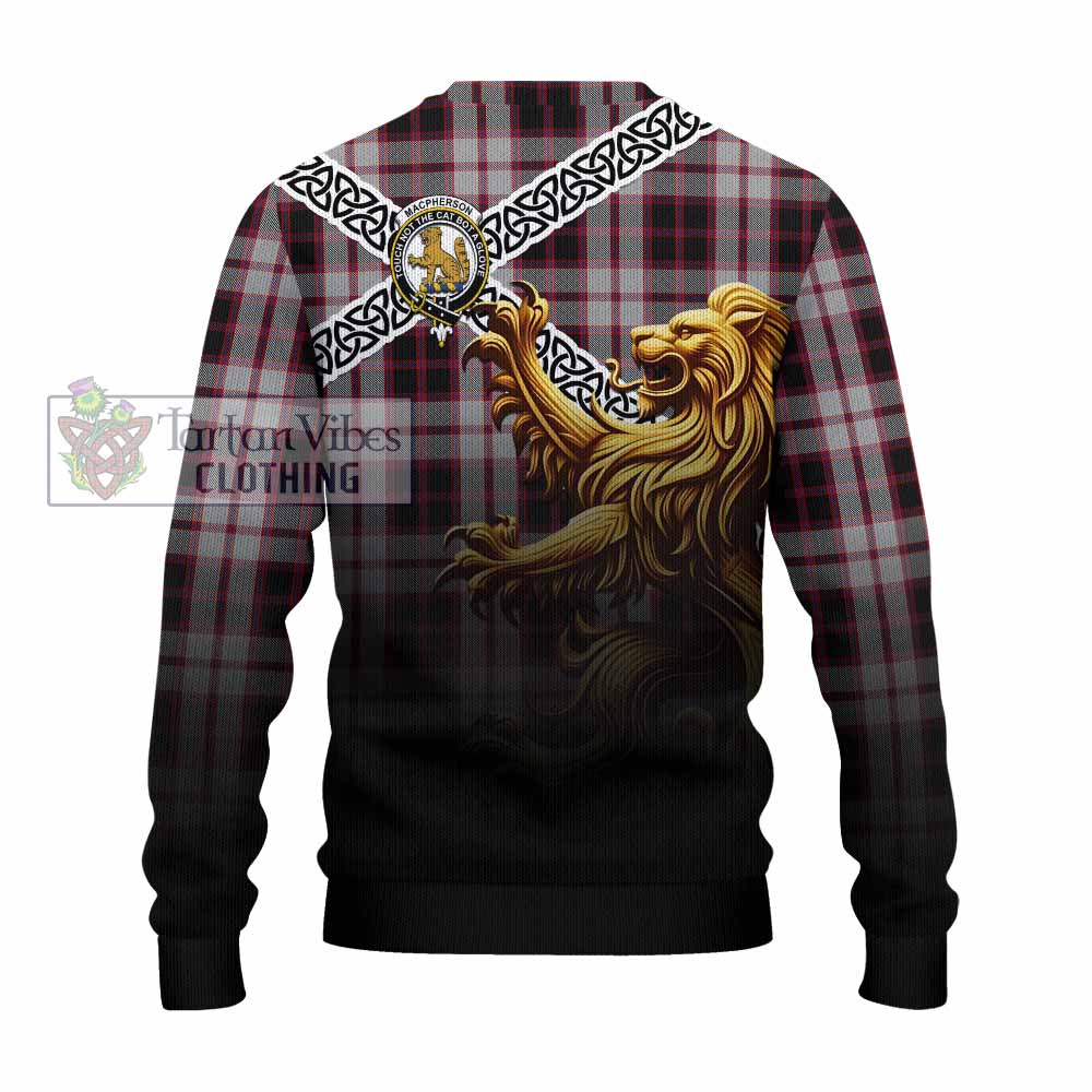 Tartan Vibes Clothing MacPherson (McPherson) Crest Tartan Knitted Sweater with Golden Lion Emblem Celtic Style