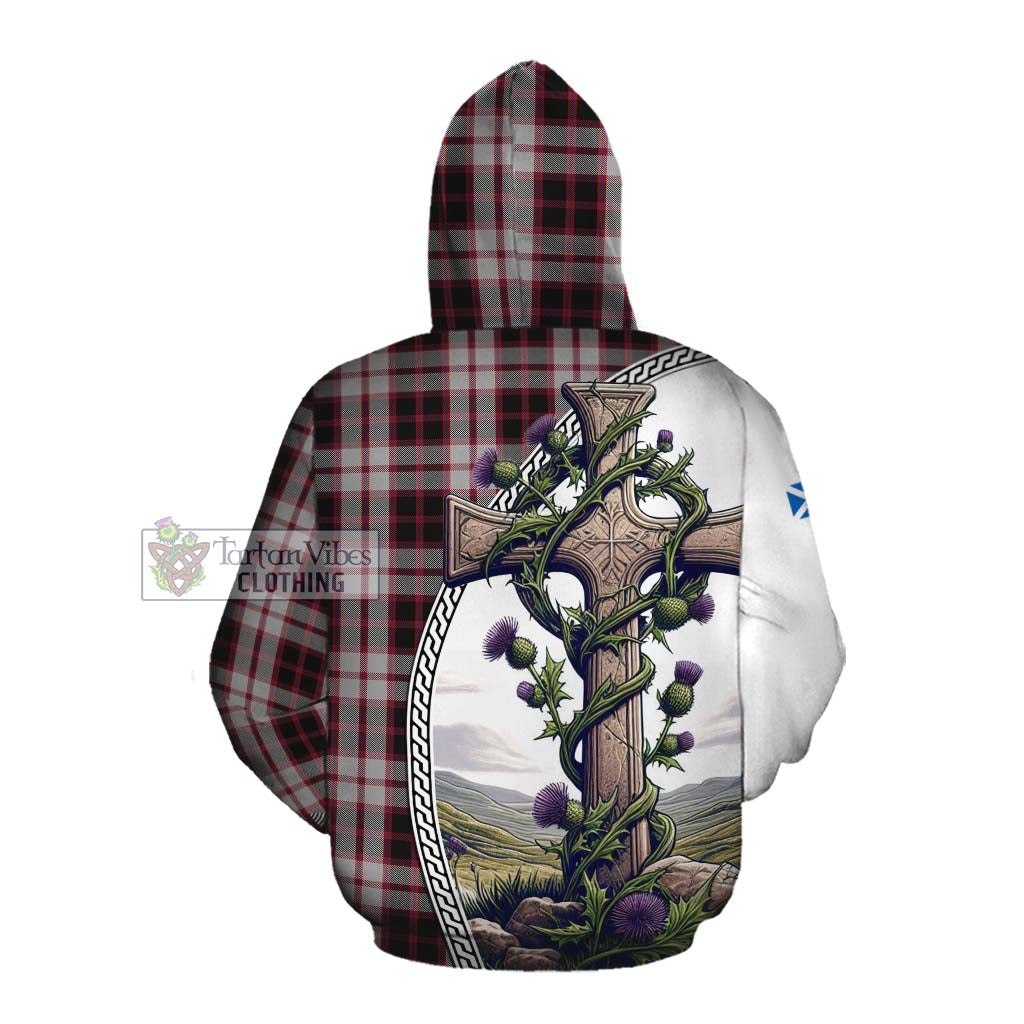 Tartan Vibes Clothing MacPherson (McPherson) Tartan Cotton Hoodie with Family Crest and St. Andrew's Cross Accented by Thistle Vines