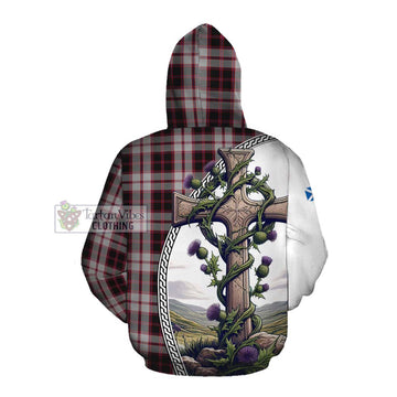 Tartan Vibes Clothing MacPherson (McPherson) Tartan Cotton Hoodie with Family Crest and St. Andrew's Cross Accented by Thistle Vines