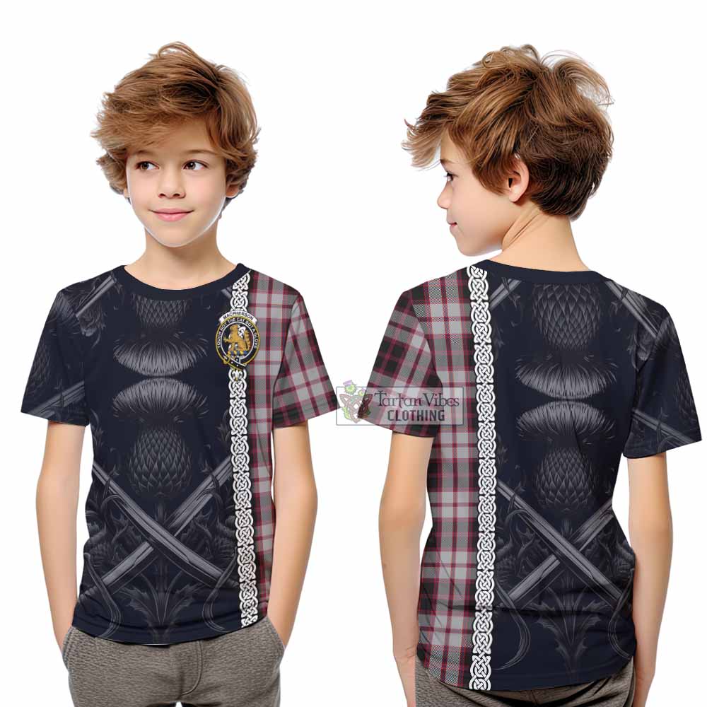 Tartan Vibes Clothing MacPherson (McPherson) Tartan Kid T-Shirt with Family Crest Cross Sword Thistle Celtic Vibes