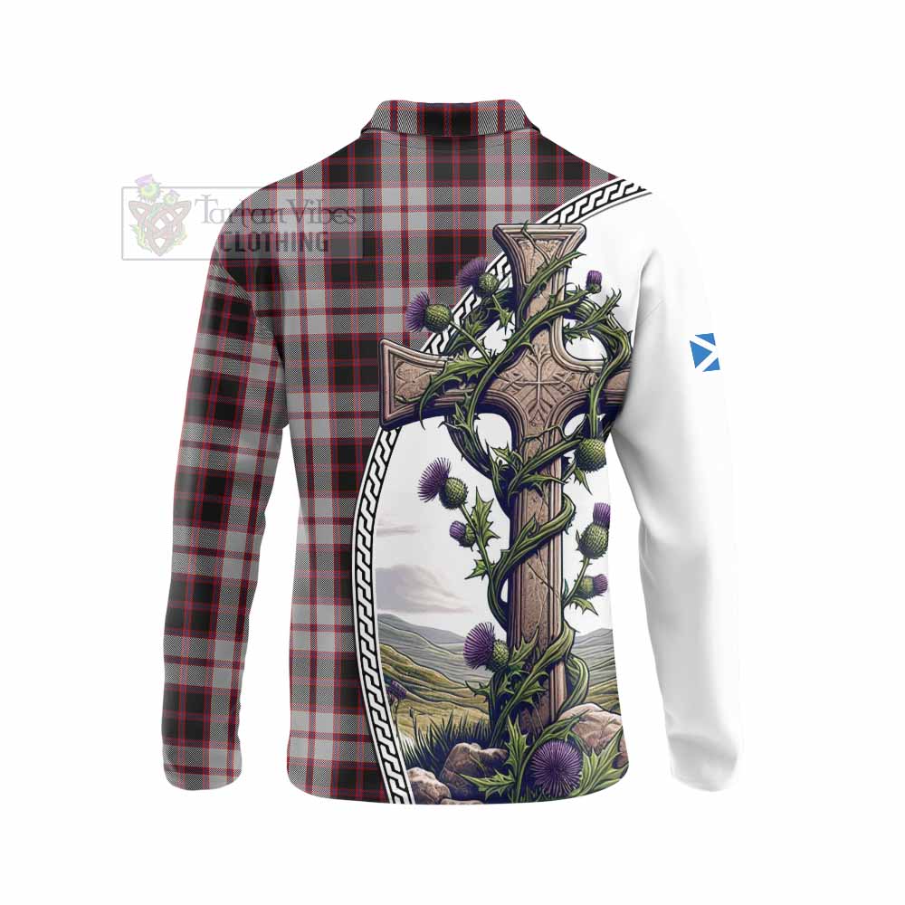 Tartan Vibes Clothing MacPherson (McPherson) Tartan Long Sleeve Polo Shirt with Family Crest and St. Andrew's Cross Accented by Thistle Vines