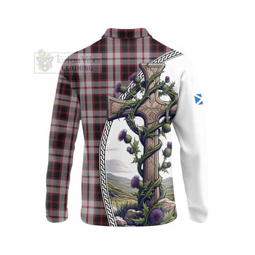Tartan Vibes Clothing MacPherson (McPherson) Tartan Long Sleeve Polo Shirt with Family Crest and St. Andrew's Cross Accented by Thistle Vines