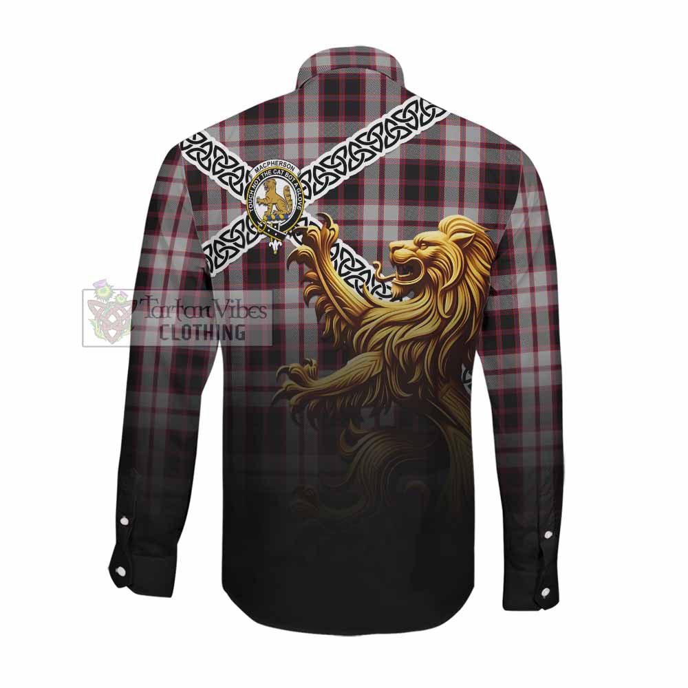 Tartan Vibes Clothing MacPherson (McPherson) Crest Tartan Long Sleeve Button Shirt with Golden Lion Emblem Celtic Style