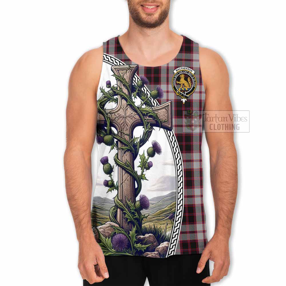Tartan Vibes Clothing MacPherson (McPherson) Tartan Men's Tank Top with Family Crest and St. Andrew's Cross Accented by Thistle Vines