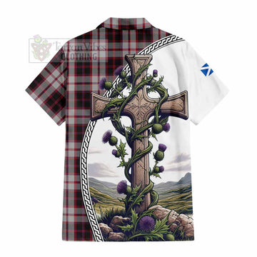 MacPherson (McPherson) Tartan Hawaiian Shirt with Family Crest and St. Andrew's Cross Accented by Thistle Vines