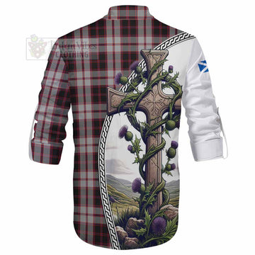 Tartan Vibes Clothing MacPherson (McPherson) Tartan Ghillie Kilt Shirt with Family Crest and St. Andrew's Cross Accented by Thistle Vines