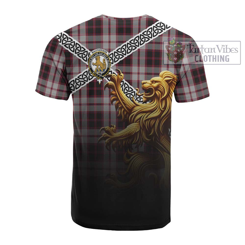 Tartan Vibes Clothing MacPherson (McPherson) Crest Tartan Cotton T-shirt with Golden Lion Emblem Celtic Style