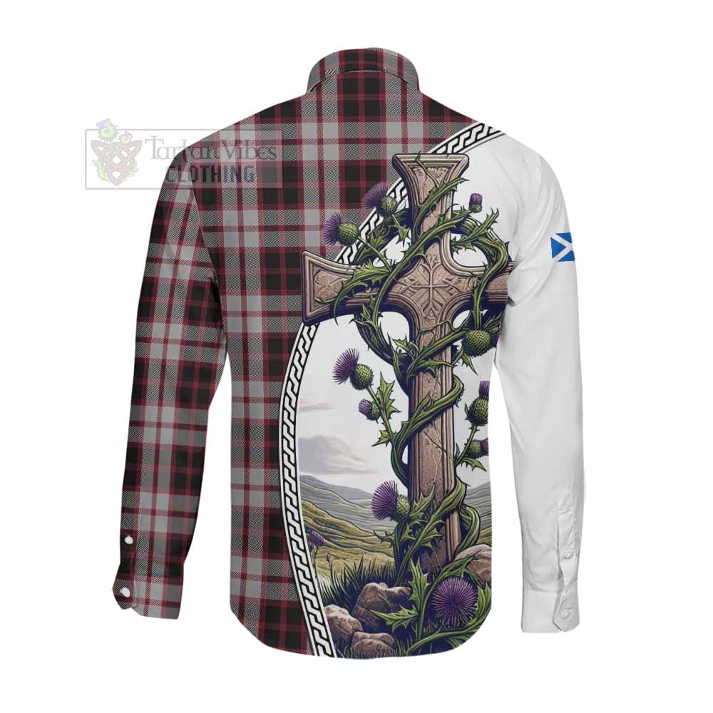 Tartan Vibes Clothing MacPherson (McPherson) Tartan Long Sleeve Button Shirt with Family Crest and St. Andrew's Cross Accented by Thistle Vines