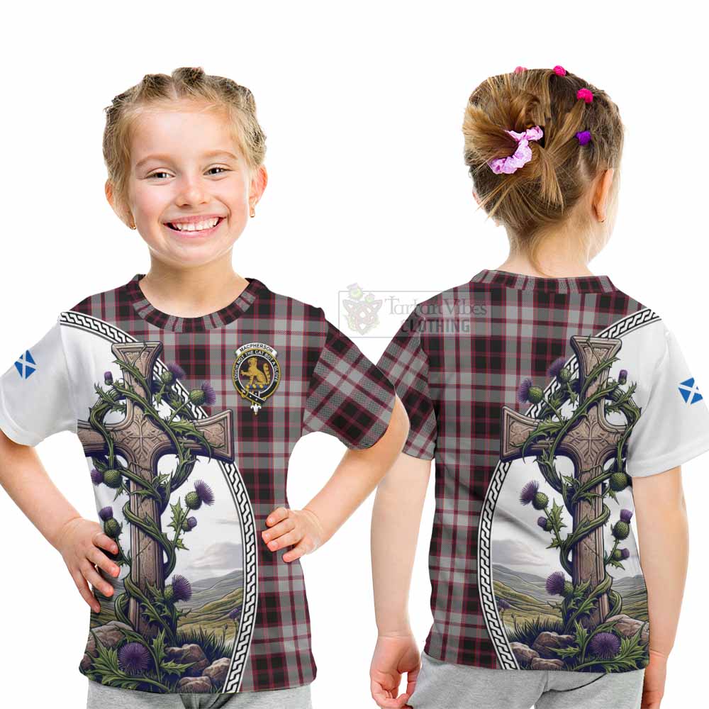 Tartan Vibes Clothing MacPherson (McPherson) Tartan Kid T-Shirt with Family Crest and St. Andrew's Cross Accented by Thistle Vines