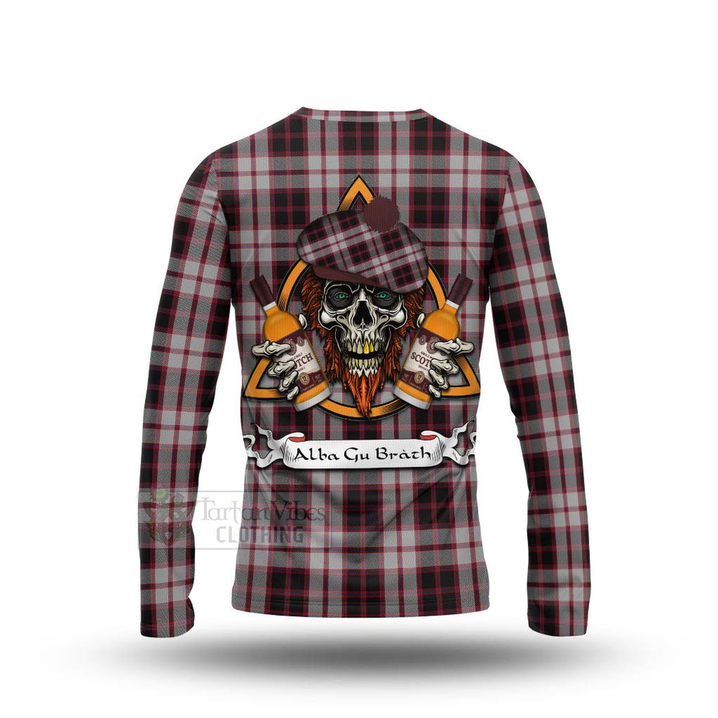 Tartan Vibes Clothing MacPherson (McPherson) Tartan Long Sleeve T-Shirt with Family Crest and Bearded Skull Holding Bottles of Whiskey
