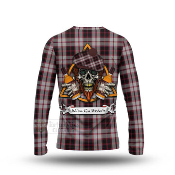 Tartan Vibes Clothing MacPherson (McPherson) Tartan Long Sleeve T-Shirt with Family Crest and Bearded Skull Holding Bottles of Whiskey