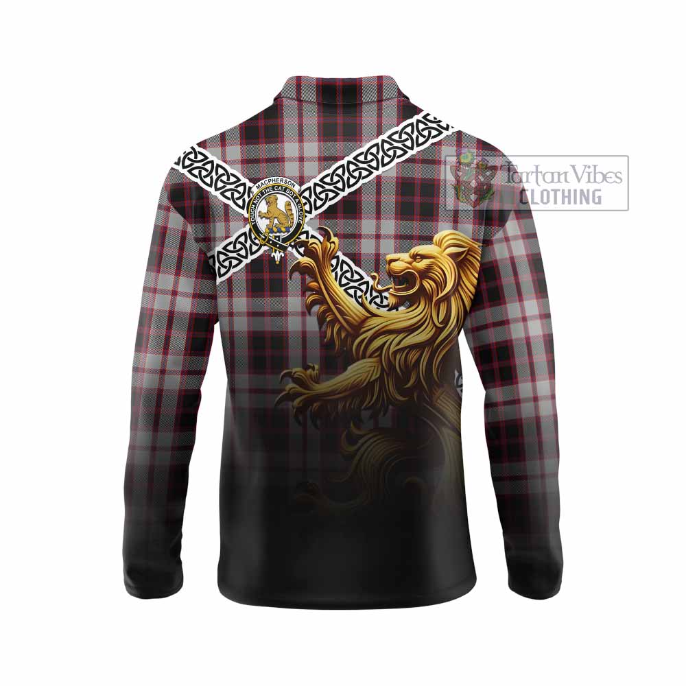Tartan Vibes Clothing MacPherson (McPherson) Crest Tartan Long Sleeve Polo Shirt with Golden Lion Emblem Celtic Style