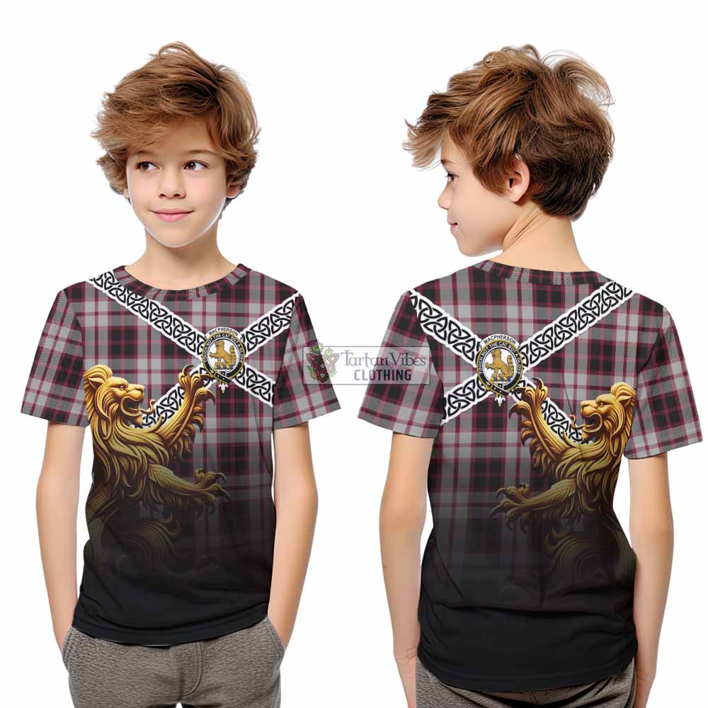 Tartan Vibes Clothing MacPherson (McPherson) Crest Tartan Kid T-Shirt with Golden Lion Emblem Celtic Style