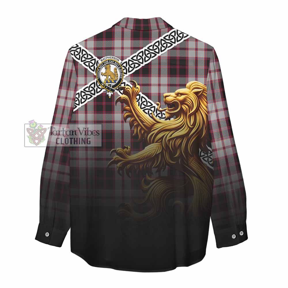 Tartan Vibes Clothing MacPherson (McPherson) Crest Tartan Women's Casual Shirt with Golden Lion Emblem Celtic Style