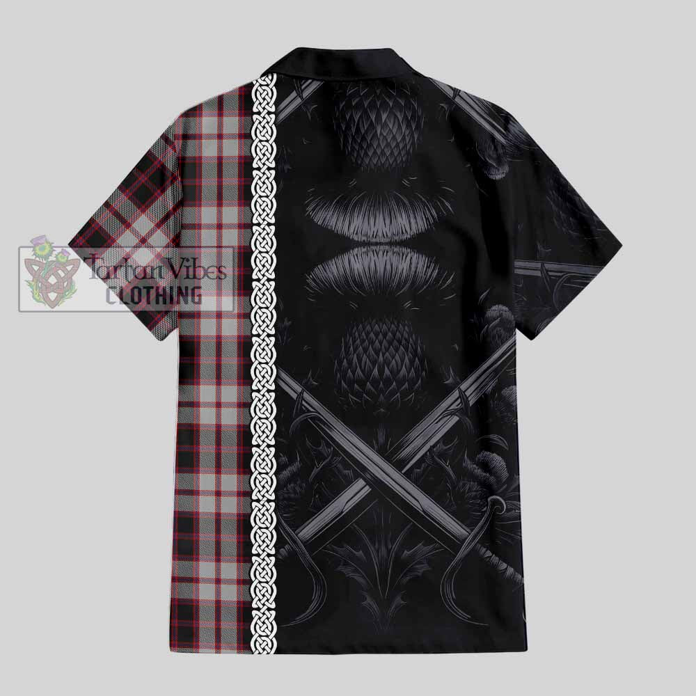 Tartan Vibes Clothing MacPherson (McPherson) Tartan Short Sleeve Button Shirt with Family Crest Cross Sword Thistle Celtic Vibes