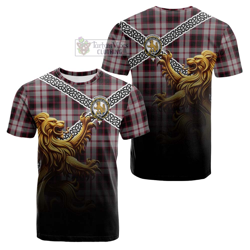 Tartan Vibes Clothing MacPherson (McPherson) Crest Tartan Cotton T-shirt with Golden Lion Emblem Celtic Style