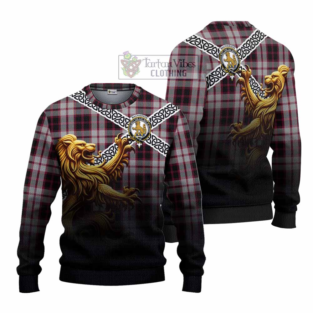 Tartan Vibes Clothing MacPherson (McPherson) Crest Tartan Knitted Sweater with Golden Lion Emblem Celtic Style