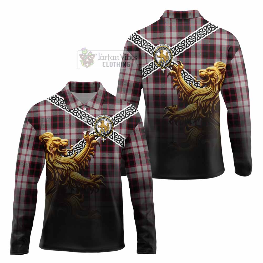 Tartan Vibes Clothing MacPherson (McPherson) Crest Tartan Long Sleeve Polo Shirt with Golden Lion Emblem Celtic Style
