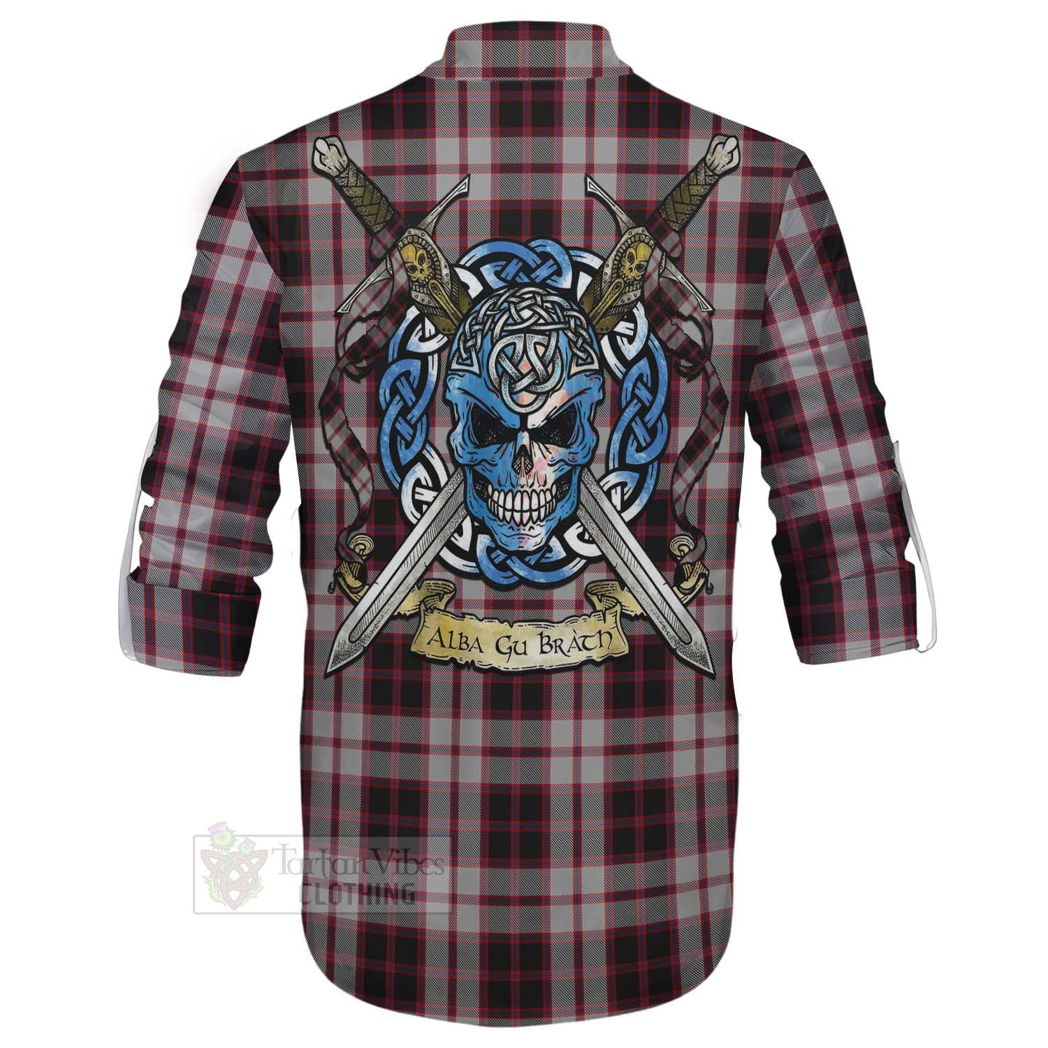 Tartan Vibes Clothing MacPherson (McPherson) Tartan Ghillie Kilt Shirt with Family Crest Celtic Skull Style