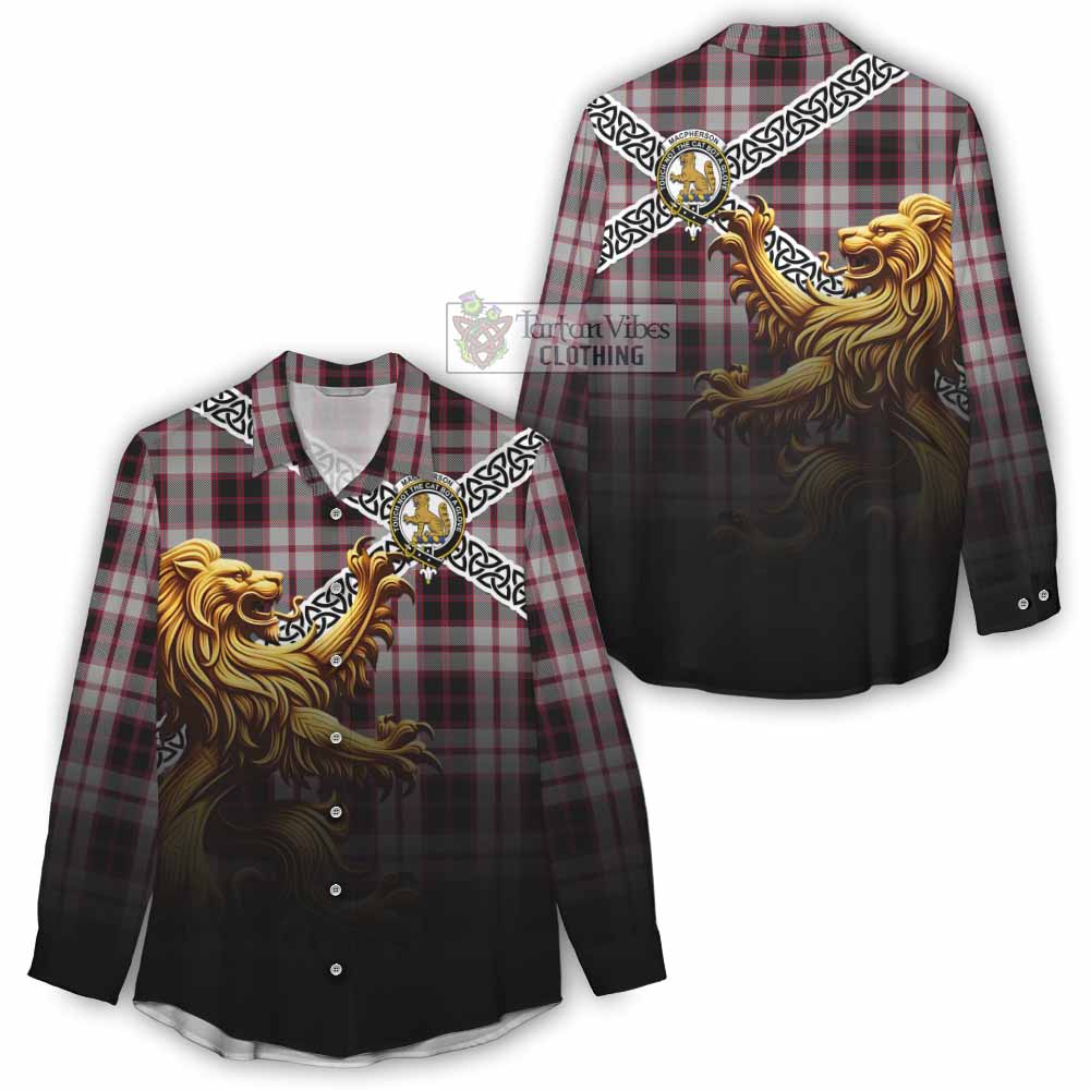 Tartan Vibes Clothing MacPherson (McPherson) Crest Tartan Women's Casual Shirt with Golden Lion Emblem Celtic Style