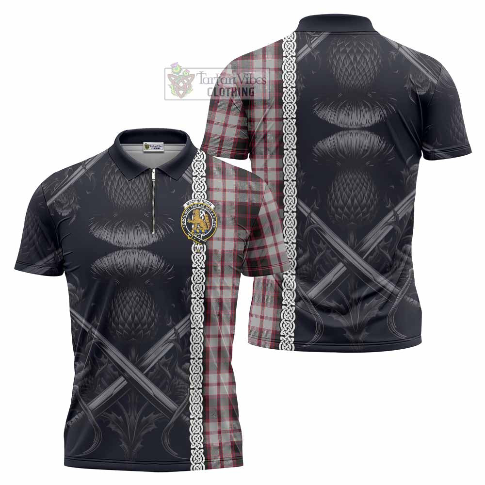 Tartan Vibes Clothing MacPherson (McPherson) Tartan Zipper Polo Shirt with Family Crest Cross Sword Thistle Celtic Vibes