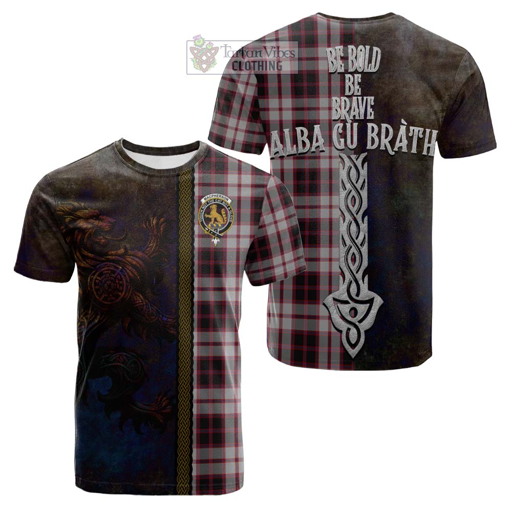 Tartan Vibes Clothing MacPherson (McPherson) Tartan Family Crest Cotton T-shirt Alba Gu Brath Be Brave Lion Ancient Style