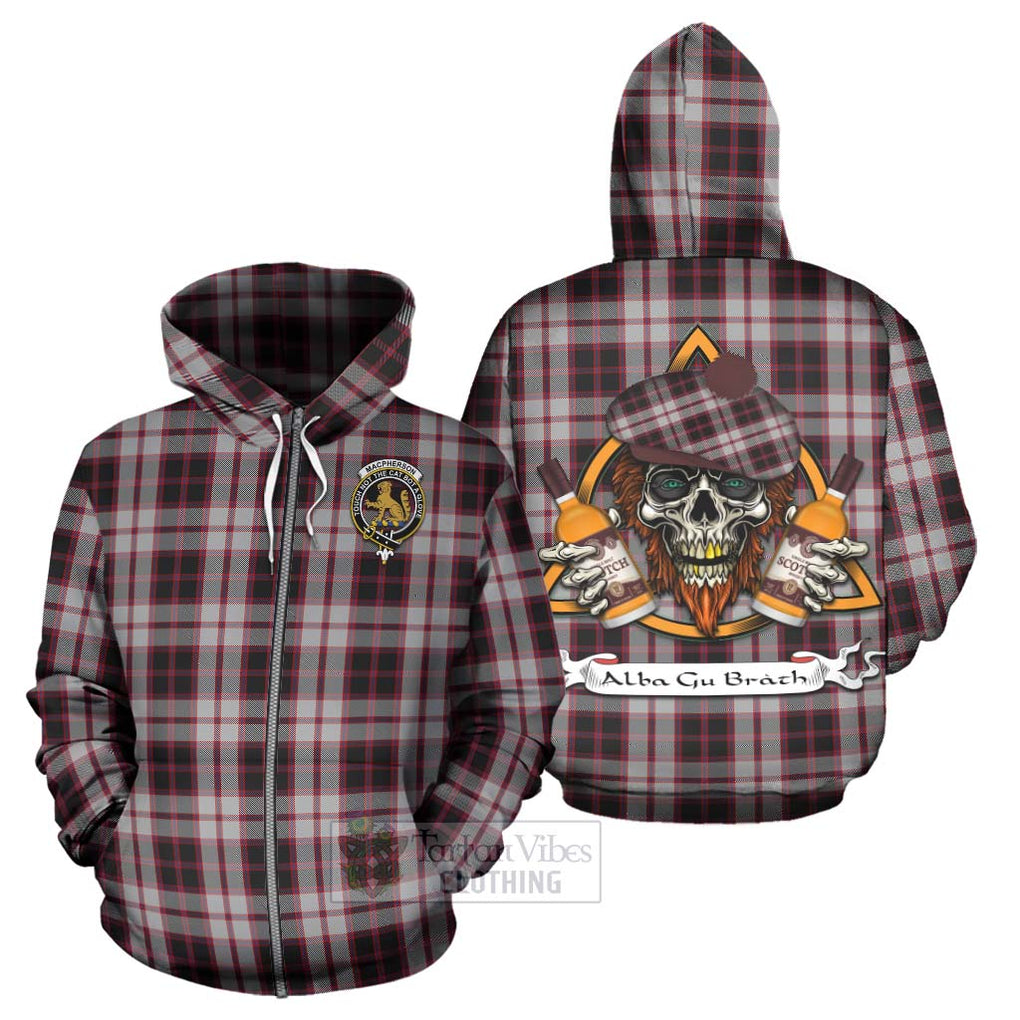 Tartan Vibes Clothing MacPherson (McPherson) Tartan Hoodie with Family Crest and Bearded Skull Holding Bottles of Whiskey