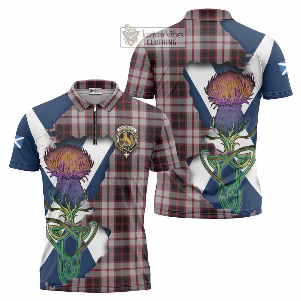 Tartan Vibes Clothing MacPherson (McPherson) Tartan Family Crest Zipper Polo Shirt Scottish Thistle Celtic Inspired