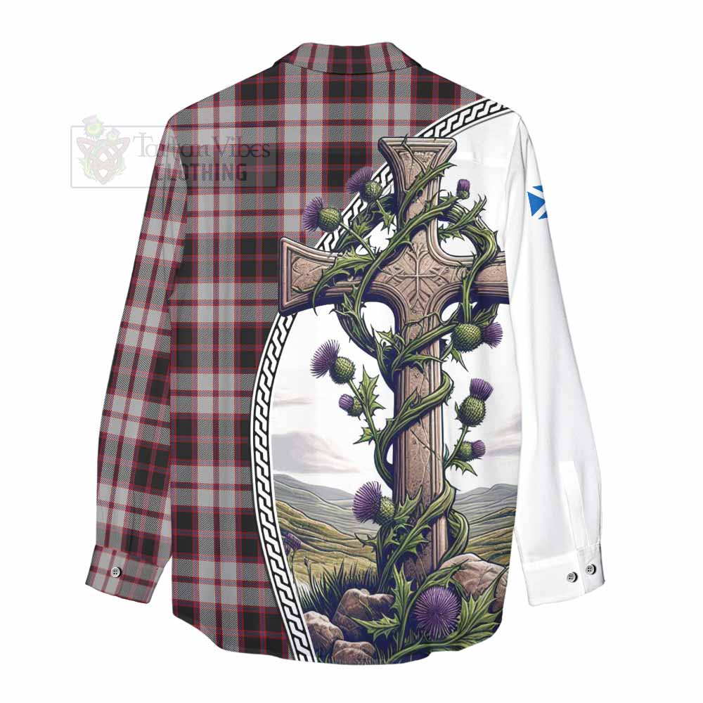 Tartan Vibes Clothing MacPherson (McPherson) Tartan Women's Casual Shirt with Family Crest and St. Andrew's Cross Accented by Thistle Vines