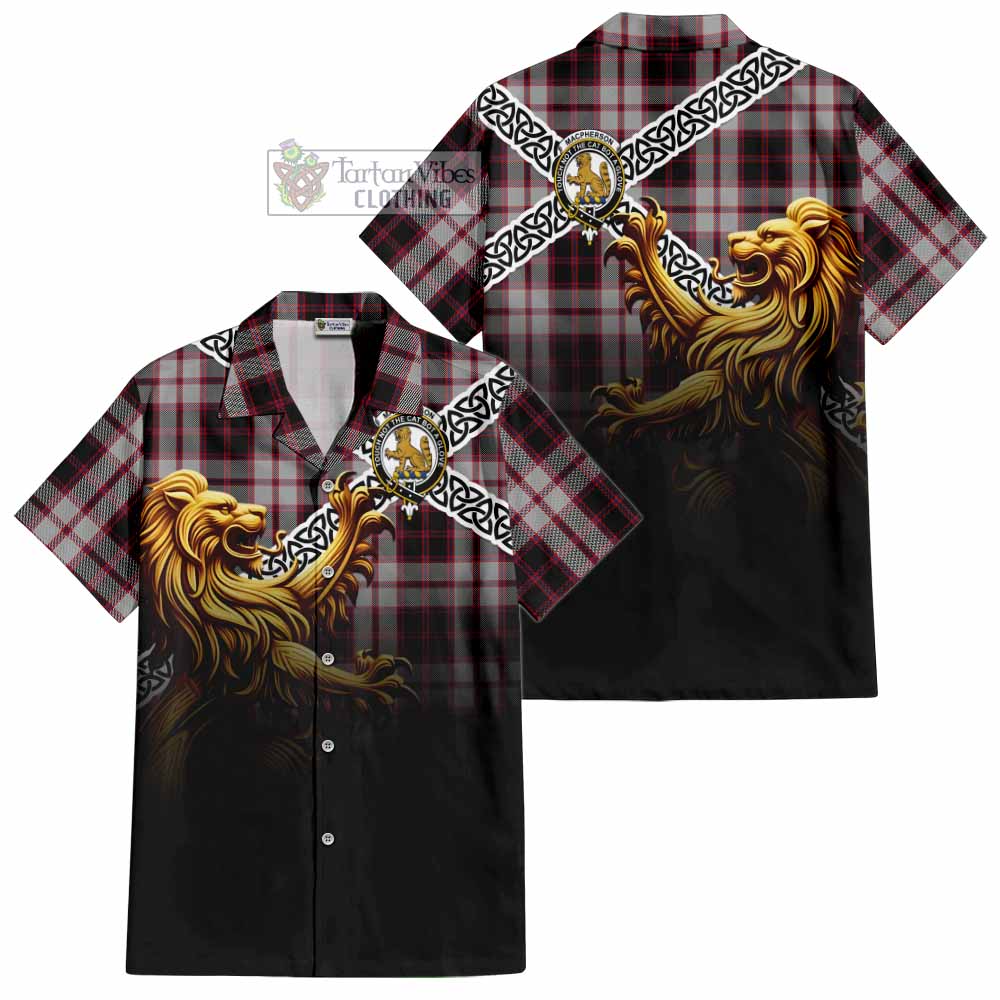 Tartan Vibes Clothing MacPherson (McPherson) Crest Tartan Short Sleeve Button Shirt with Golden Lion Emblem Celtic Style