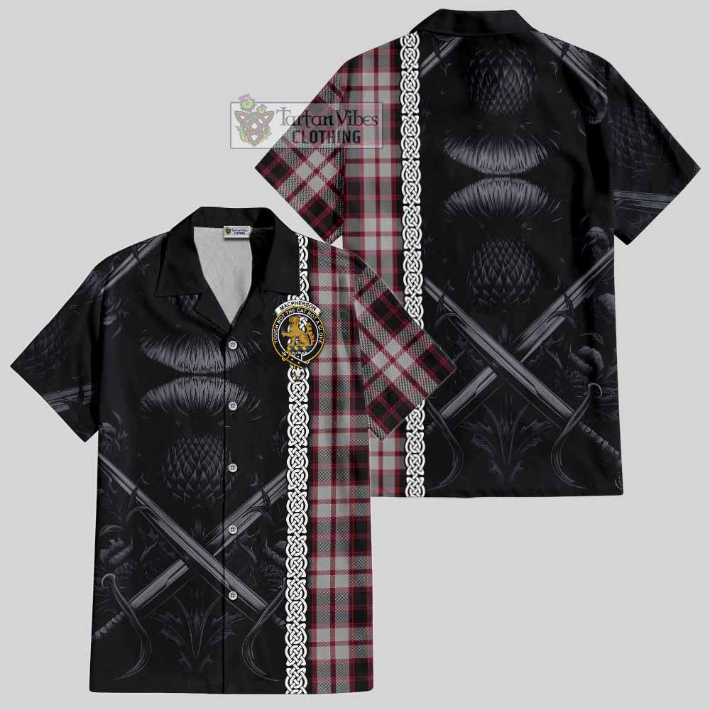 Tartan Vibes Clothing MacPherson (McPherson) Tartan Short Sleeve Button Shirt with Family Crest Cross Sword Thistle Celtic Vibes