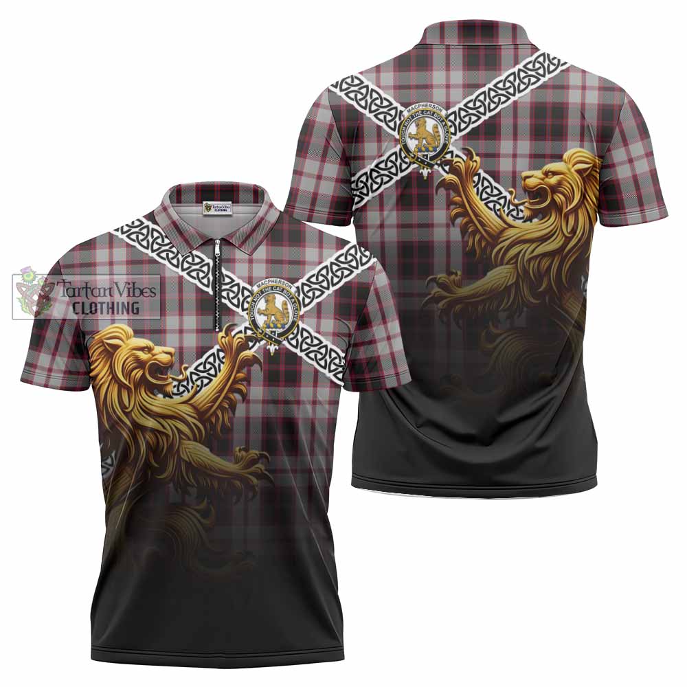 Tartan Vibes Clothing MacPherson (McPherson) Crest Tartan Zipper Polo Shirt with Golden Lion Emblem Celtic Style