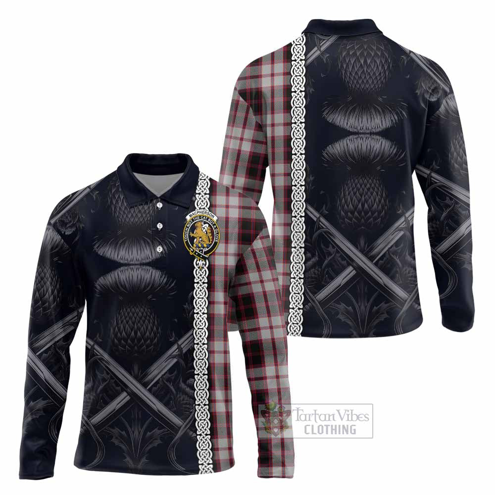 Tartan Vibes Clothing MacPherson (McPherson) Tartan Long Sleeve Polo Shirt with Family Crest Cross Sword Thistle Celtic Vibes