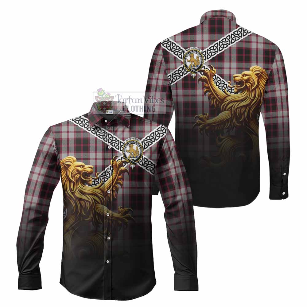 Tartan Vibes Clothing MacPherson (McPherson) Crest Tartan Long Sleeve Button Shirt with Golden Lion Emblem Celtic Style