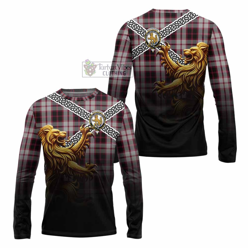 Tartan Vibes Clothing MacPherson (McPherson) Crest Tartan Long Sleeve T-Shirt with Golden Lion Emblem Celtic Style