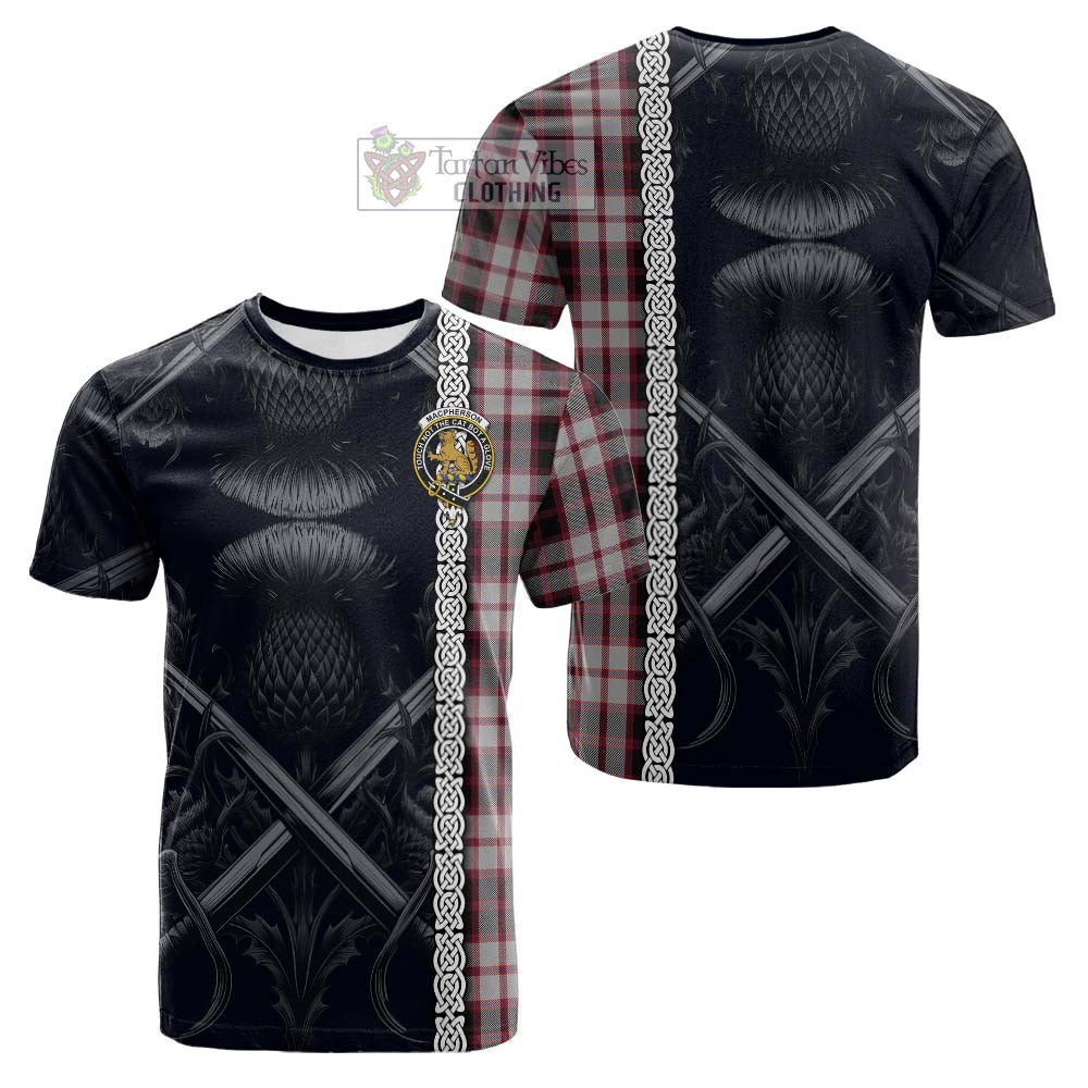 Tartan Vibes Clothing MacPherson (McPherson) Tartan Cotton T-shirt with Family Crest Cross Sword Thistle Celtic Vibes